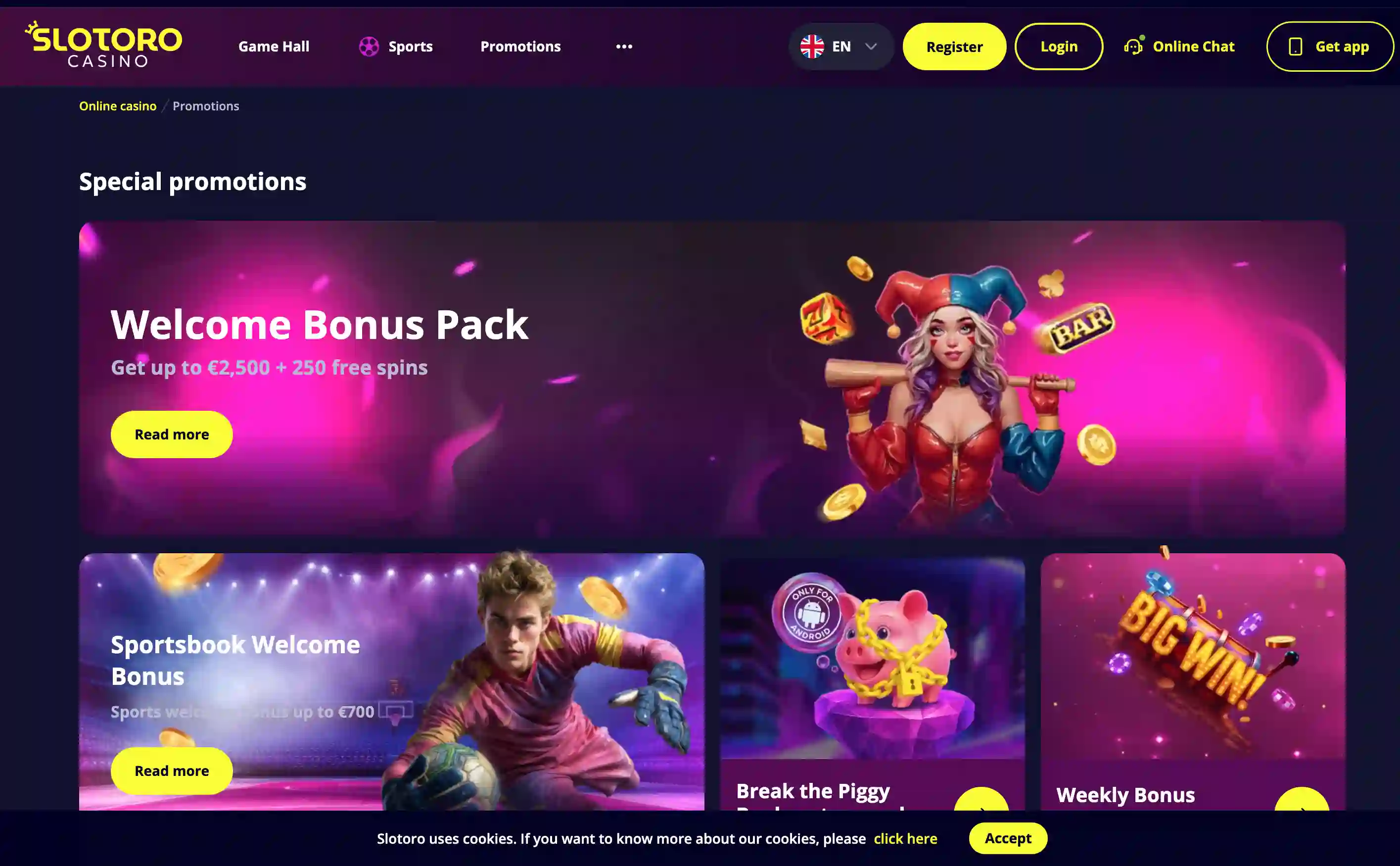 Slotoro Casino Österreich Bonusseite mit Willkommenspaket und Wochenbonus